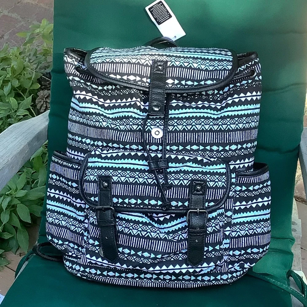 Backpack Mint Green Print Black Trim Side Pockets Drawstring Top New